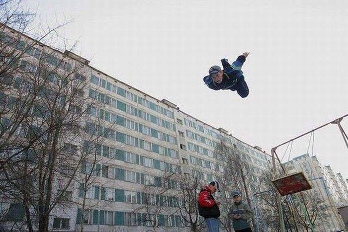 iron mans cousin flys via swing set kids